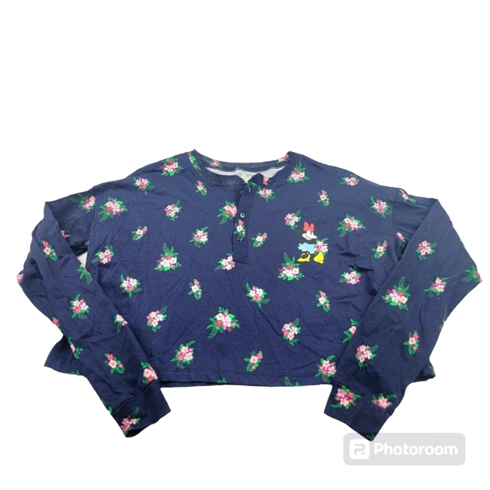 NWT Disney‎ Minnie Mouse cropped floral oversized long sleeve button collar top